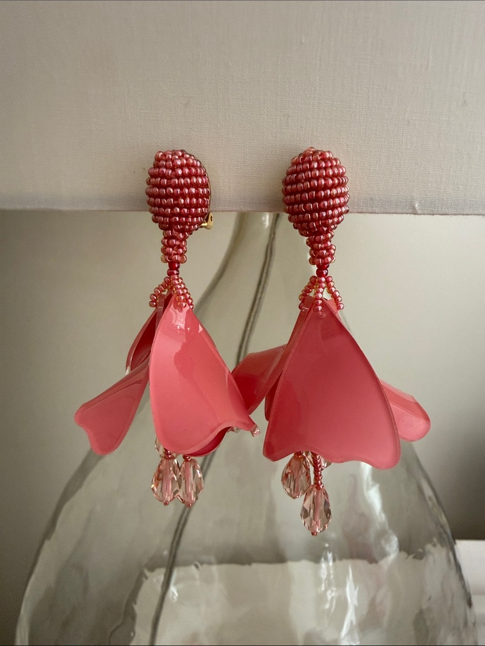 Oscar de la Renta Coral Pink Beaded Floral Drop Earrings